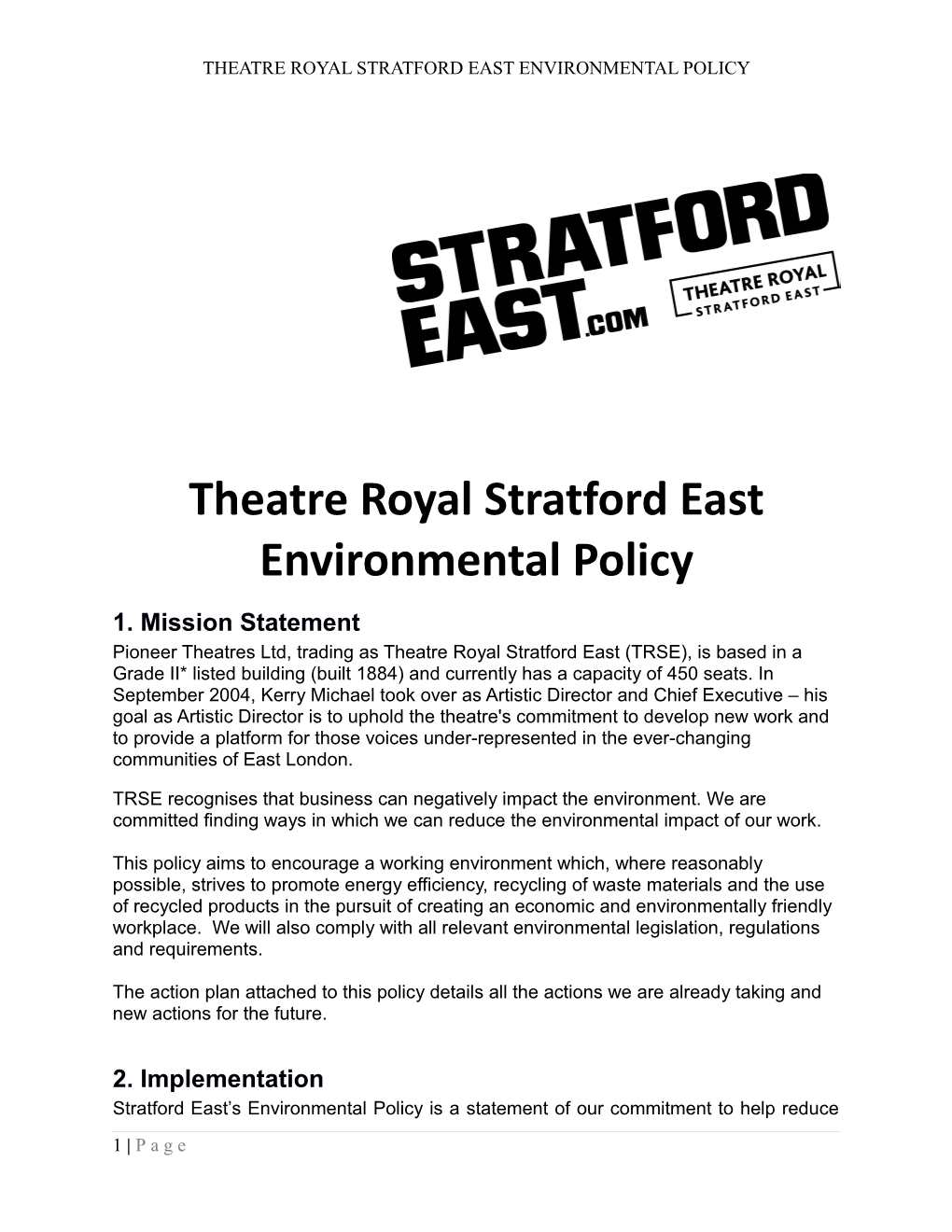 Theatre Royal Stratford East Environmental Policy