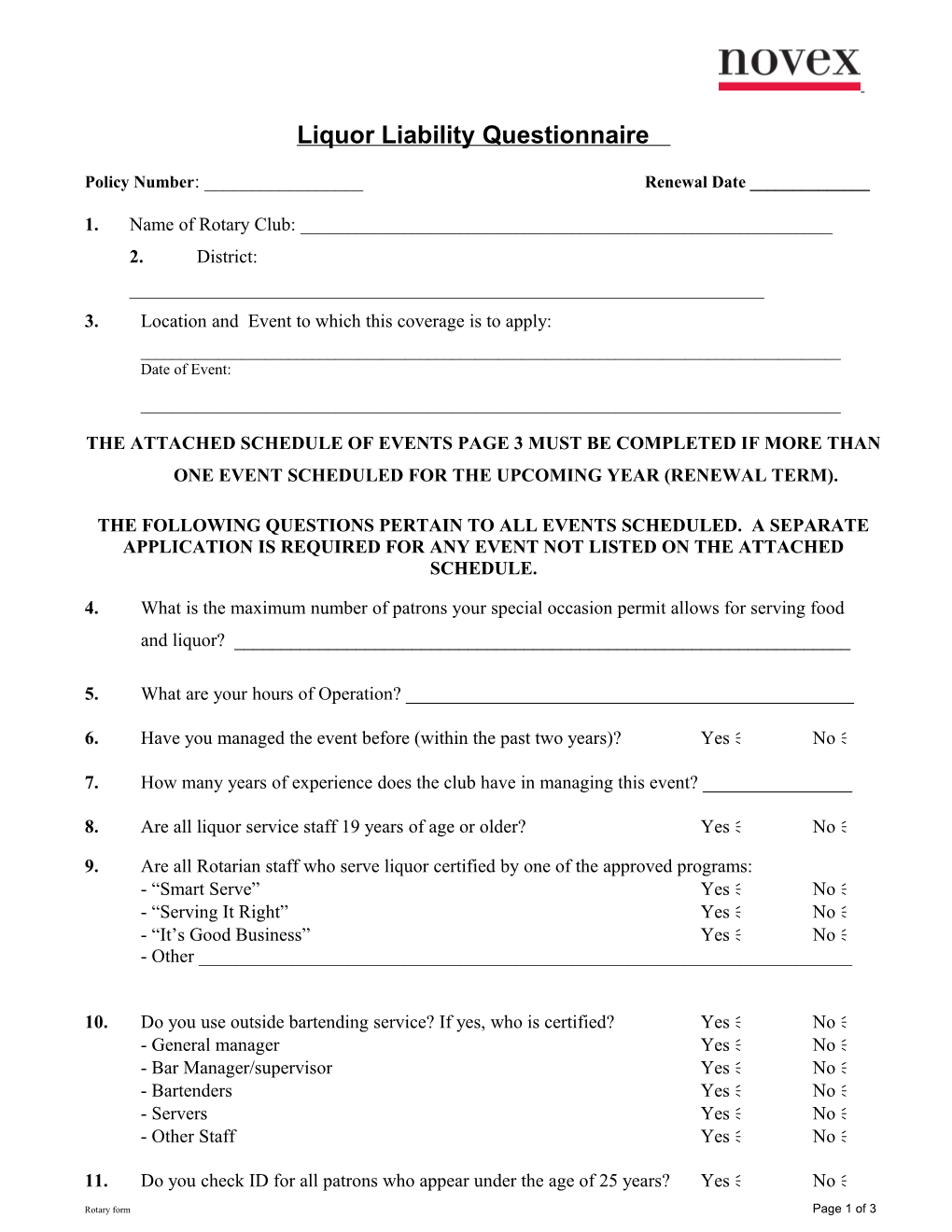 Liquor Liability Questionnaire