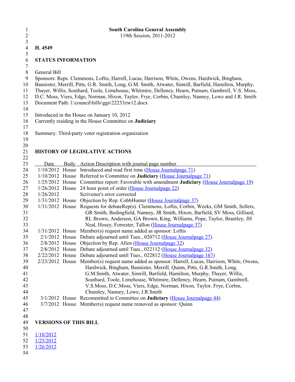 2011-2012 Bill 4549: Third-Party Voter Registration Organization - South Carolina Legislature