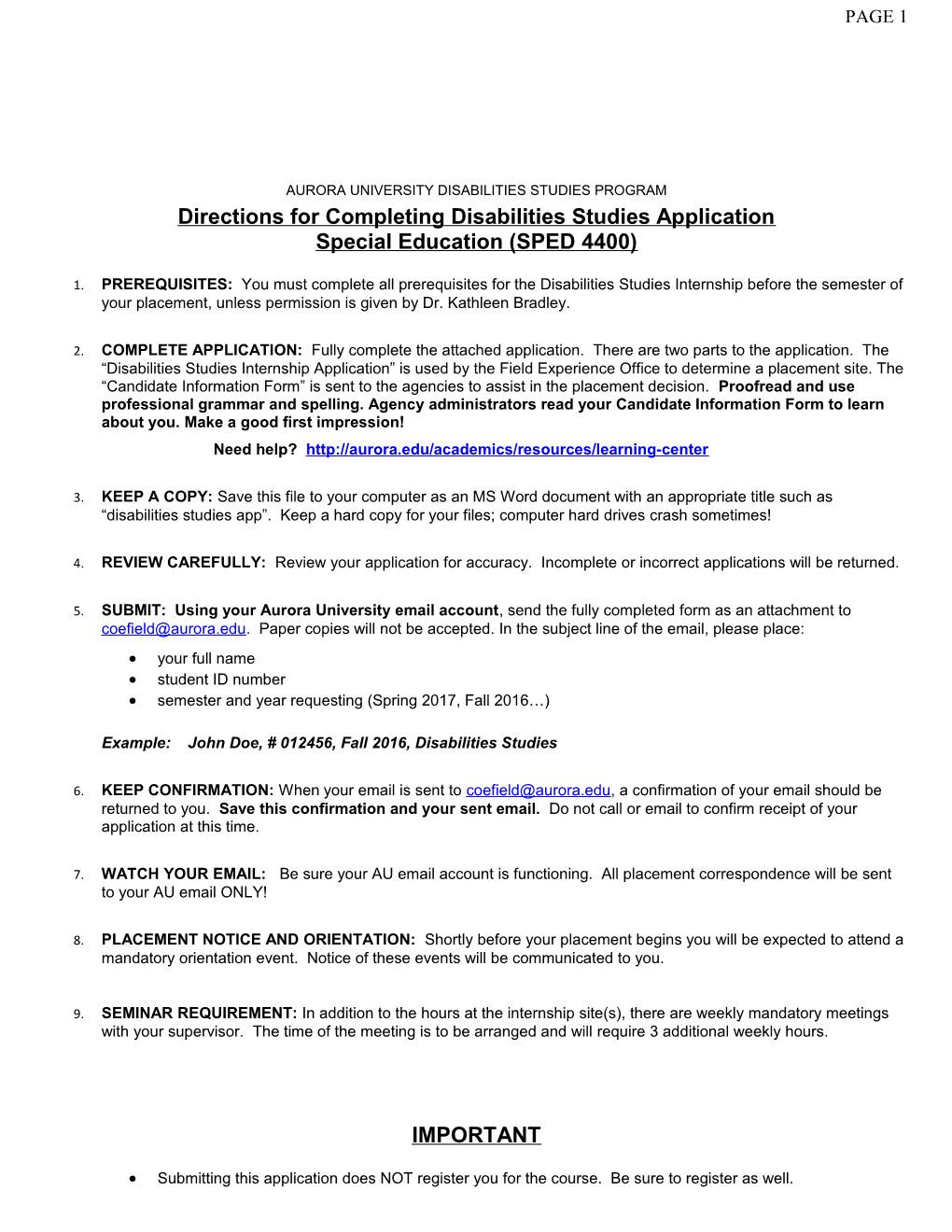 Directions for Completing Disabilities Studies Application