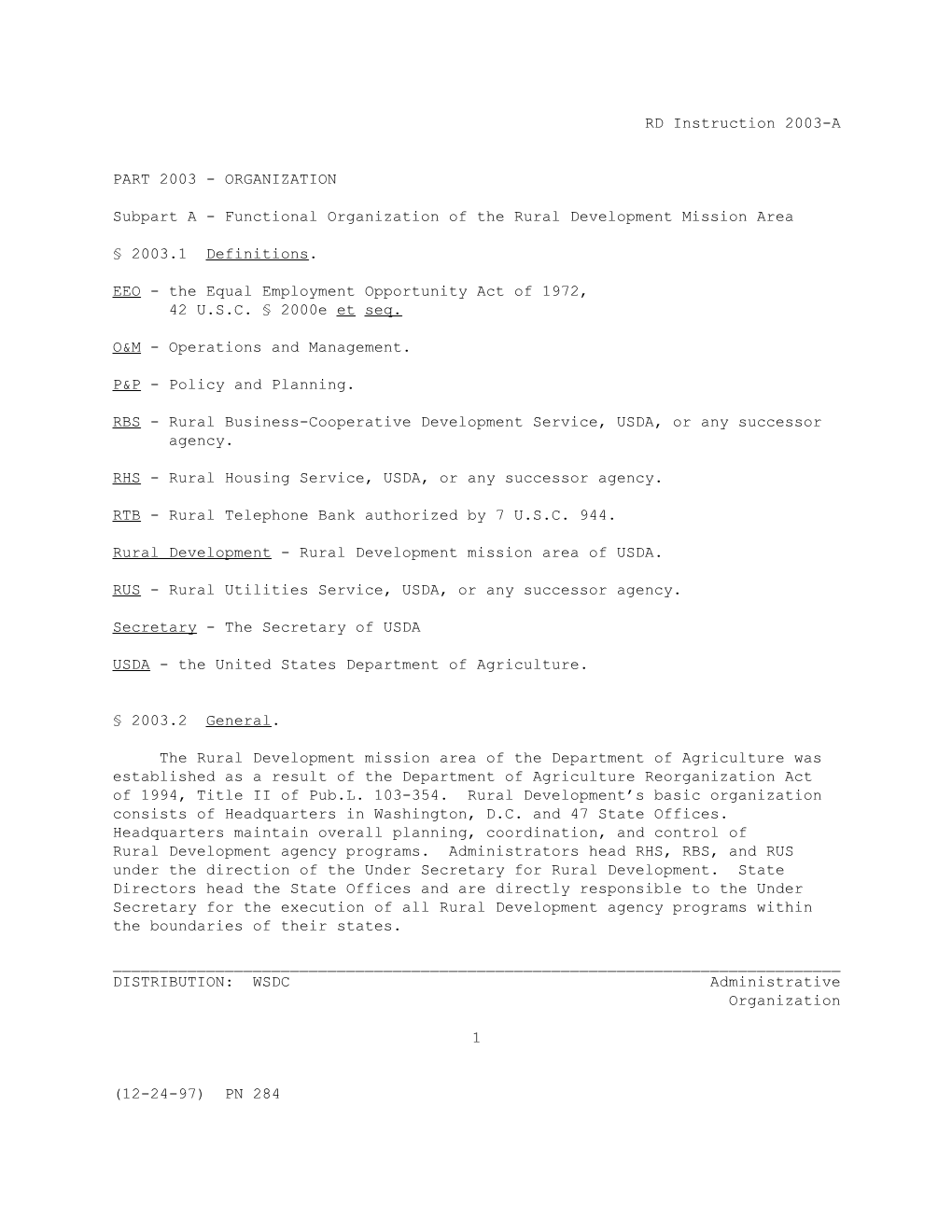 Subpart a - Functional Organization of the Rural Development Mission Area