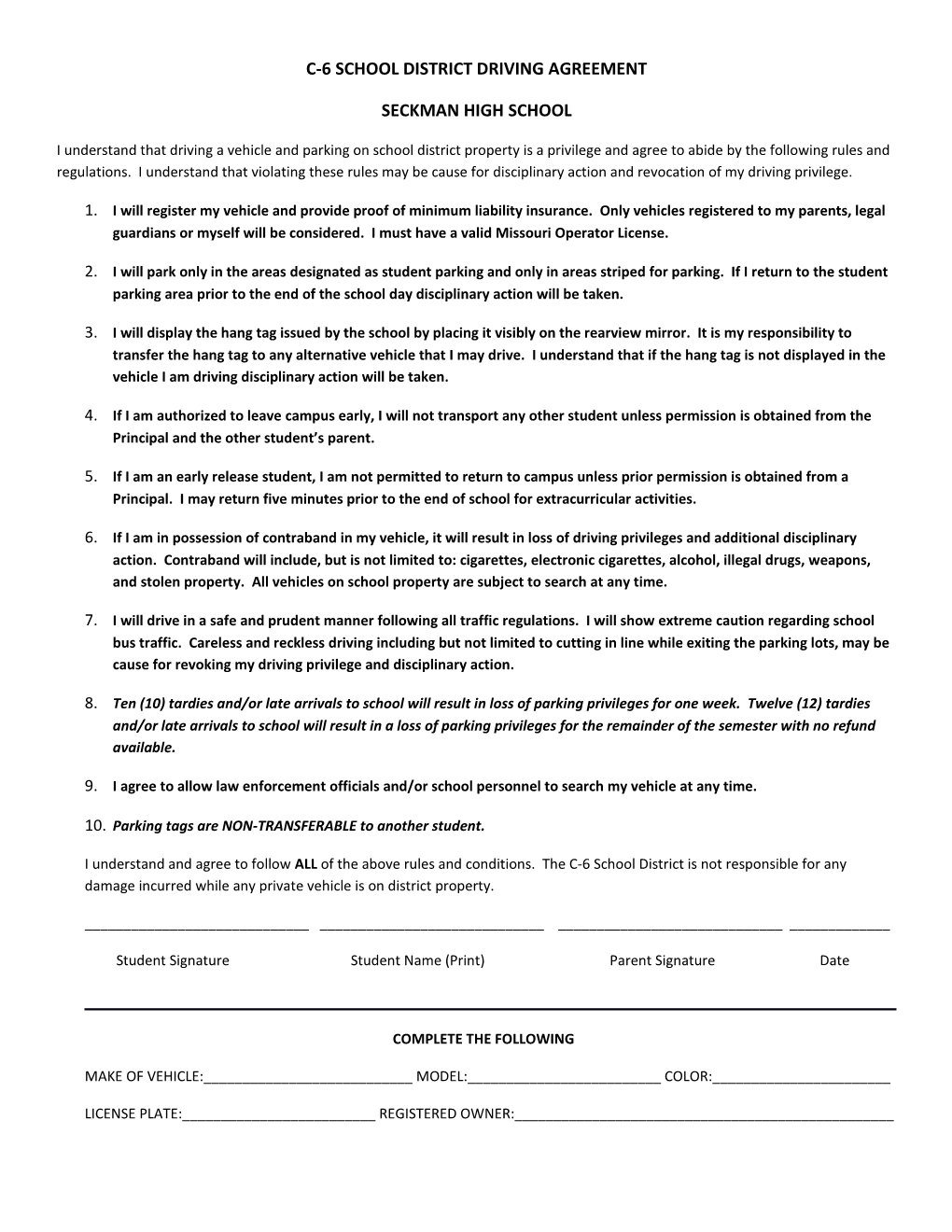 C-6 School District Driving Agreement