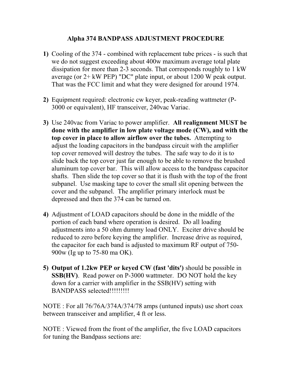 Bandpass Adjustment Procedure (78 / 374A / 374 Amps)