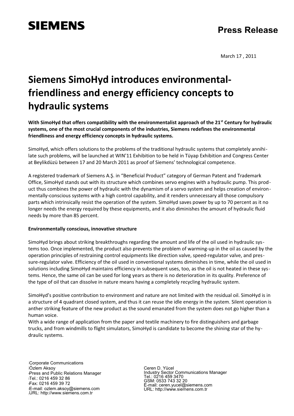 Siemens Simohydintroduces Environmental-Friendliness and Energy Efficiency Concepts To
