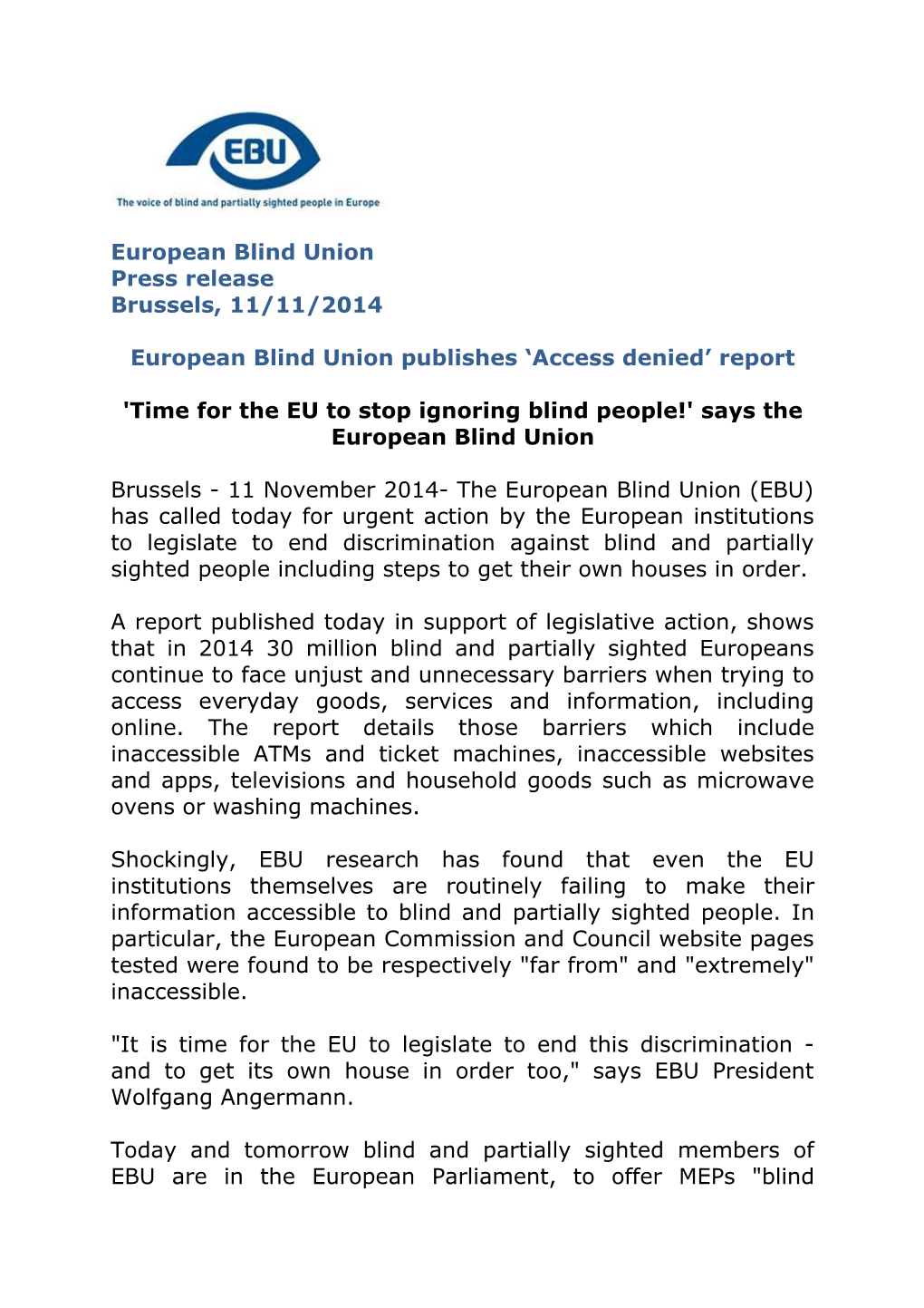 European Blind Union Publishes Access Denied Report