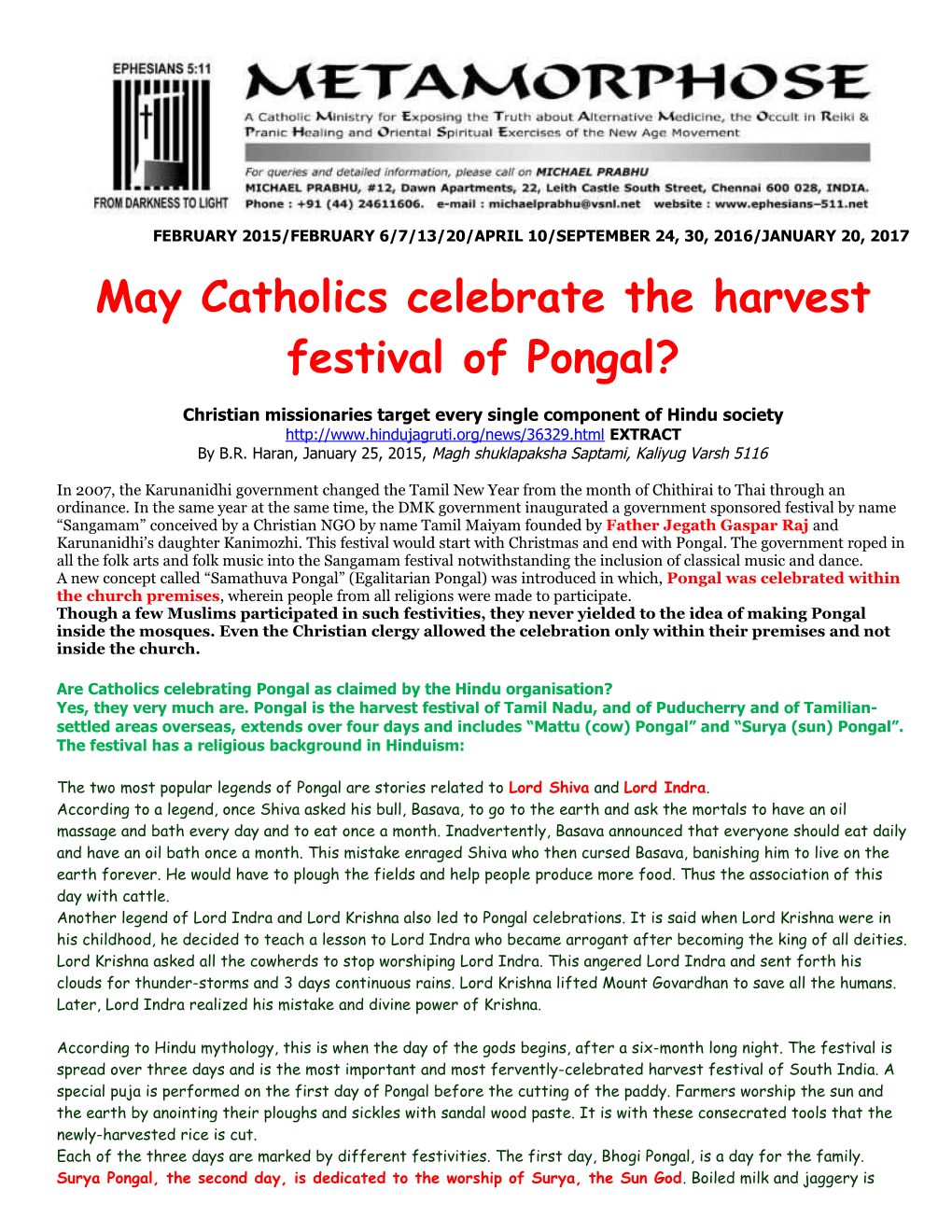 May Catholics Celebrate the Harvest Festival of Pongal?