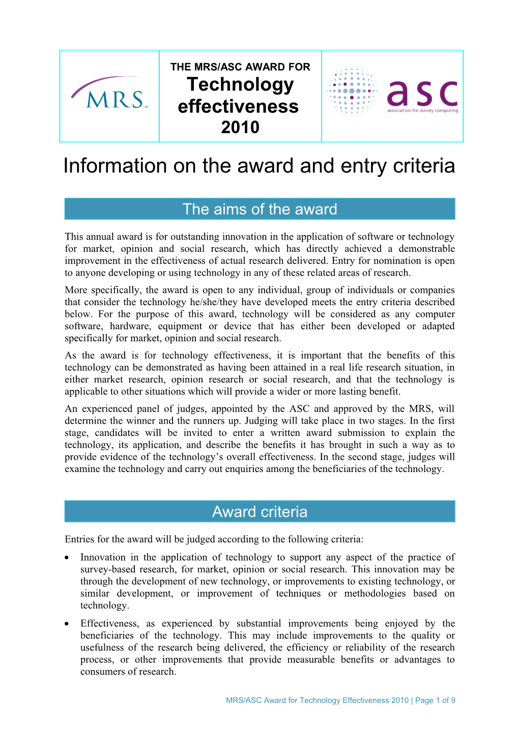 Information on the Award and Entry Criteria