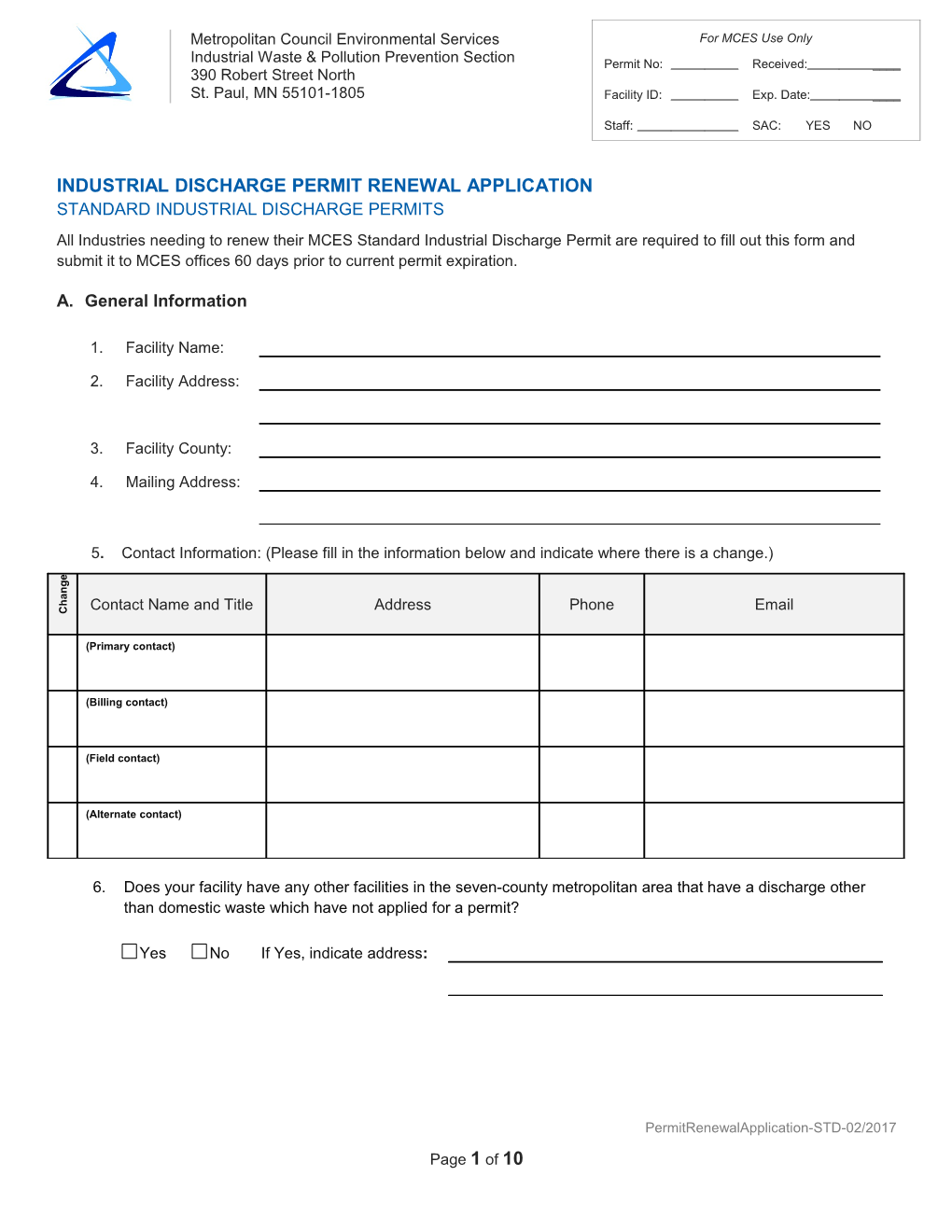 MCES Industrial Discharge Permit Renewal Application