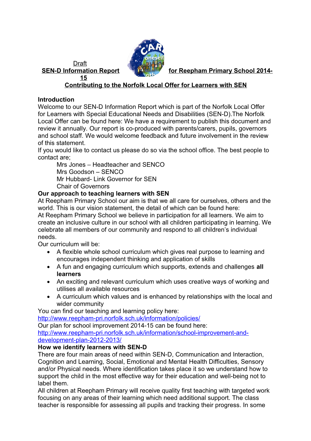 SEN-D Information Report for Reepham Primary School 2014-15