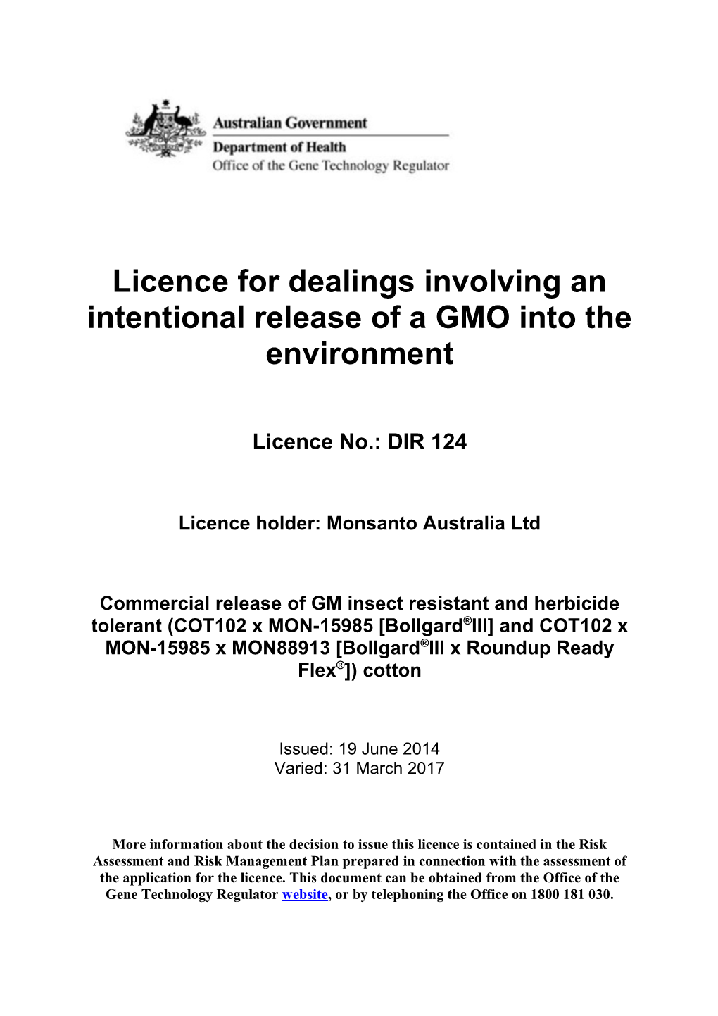 DIR 124 - Licence Conditions