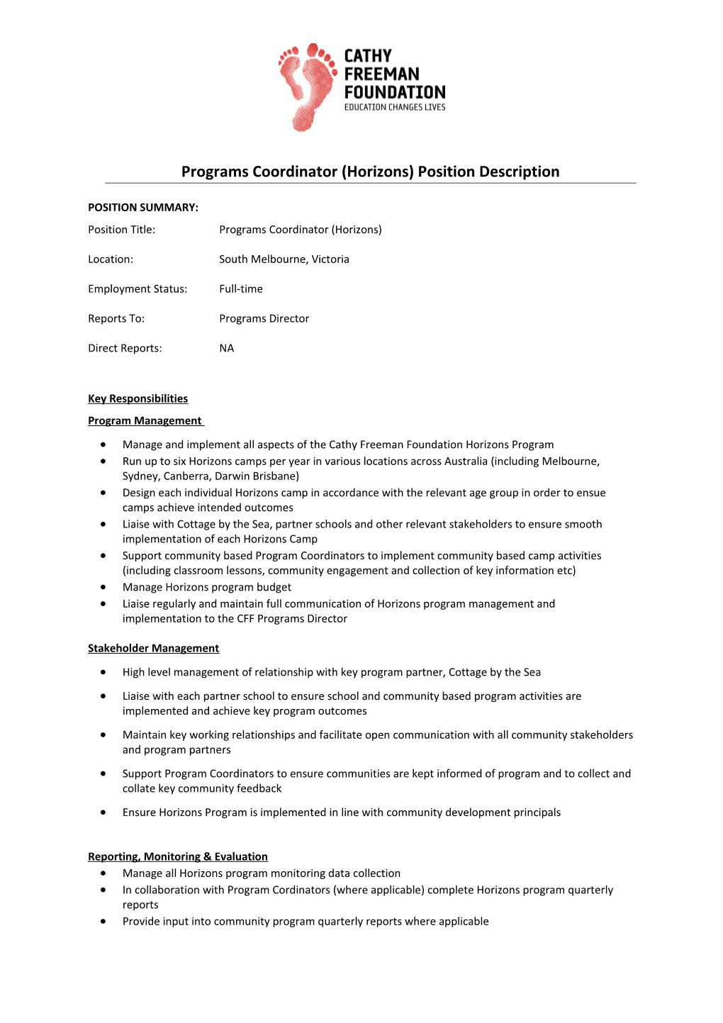 Programs Coordinator (Horizons) Position Description