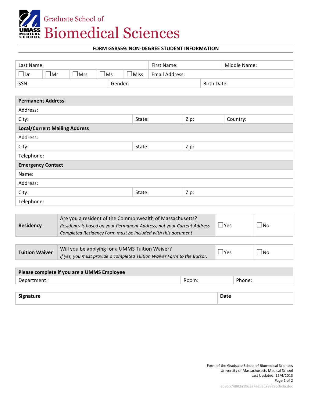 Form Gsbs59: Non-Degree Student Information