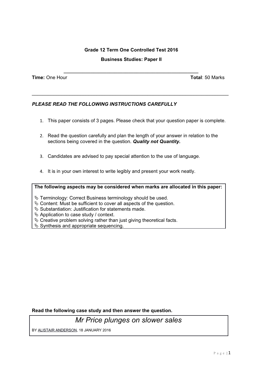 Grade 12 Term One Controlled Test 2016