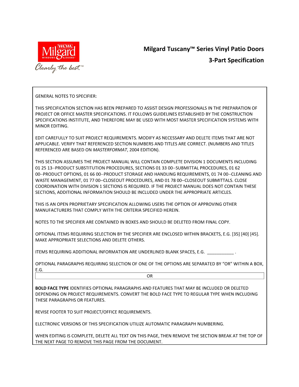 Tuscany Series Patio Doors 3Part Specification (Continued)