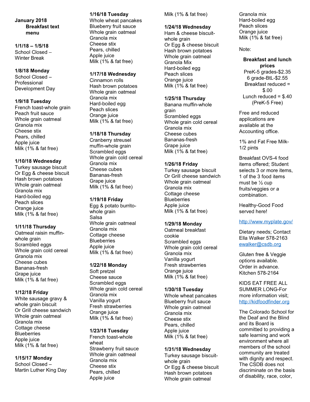 January 2018 Breakfast Text Menu