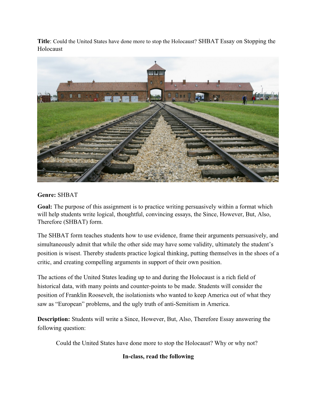 Title: Could the United States Have Done More to Stop the Holocaust? SHBAT Essay on Stopping