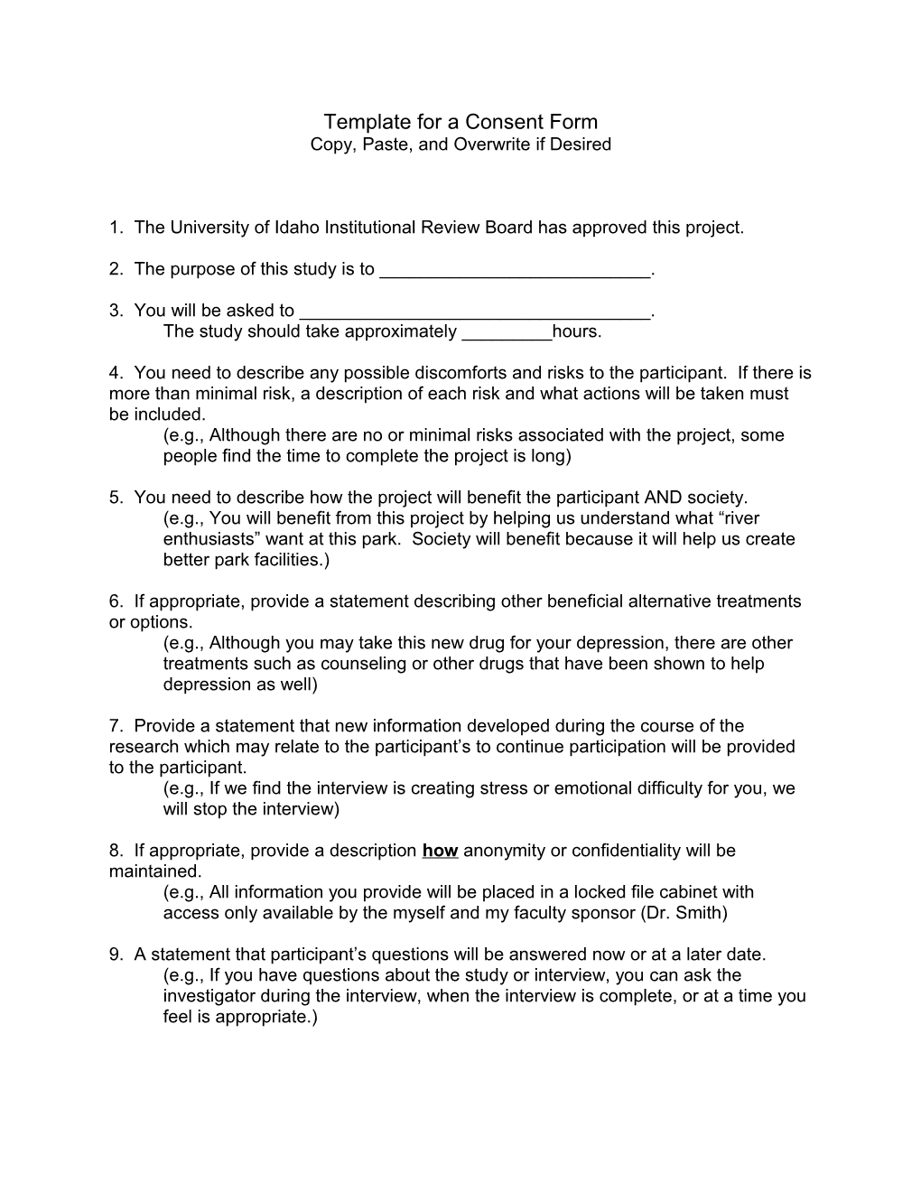 Template for a Consent Form