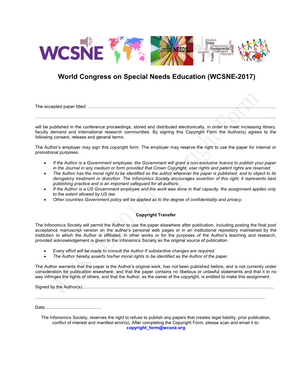 World Congress on Special Needs Education (WCSNE-2017)