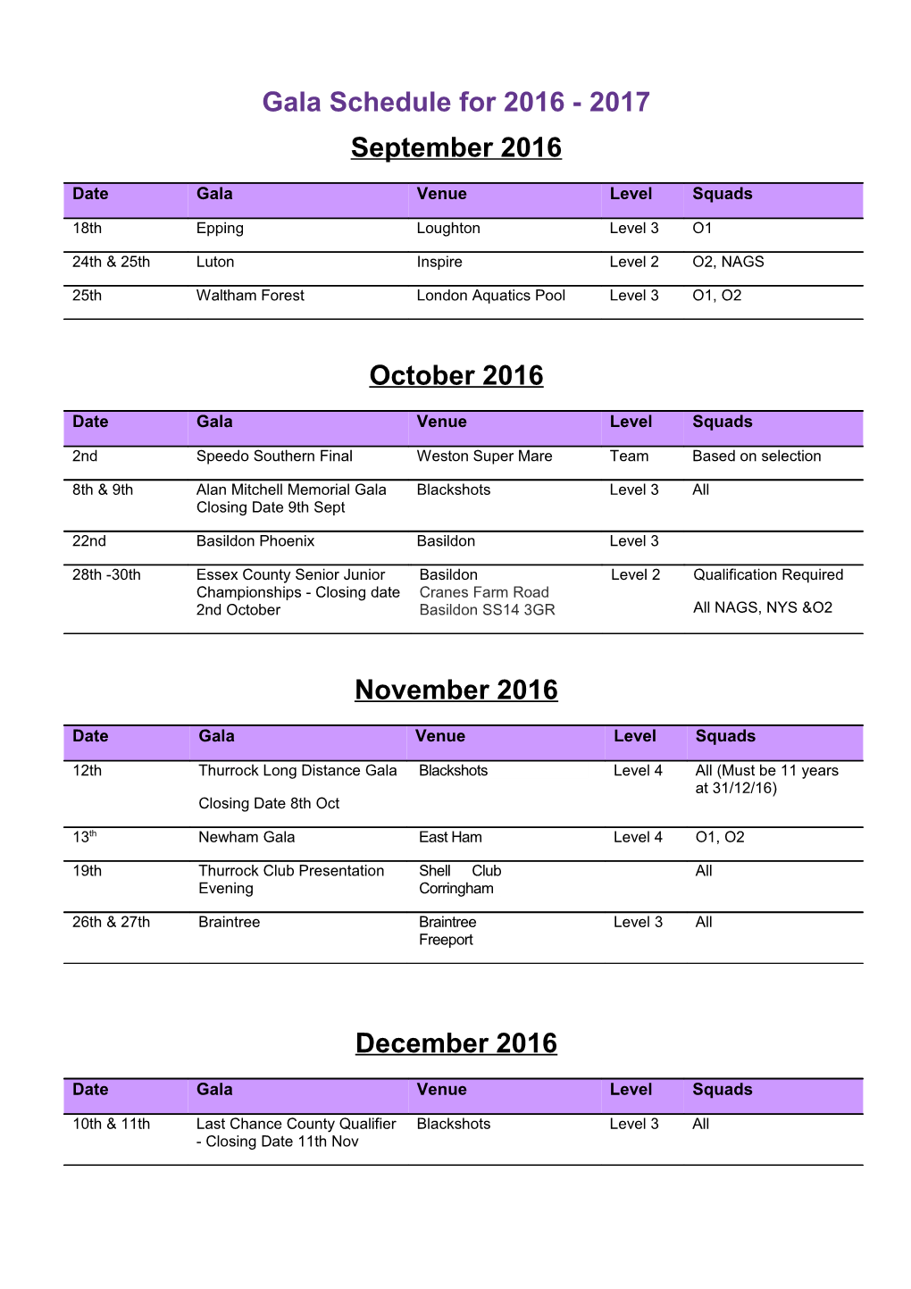 Gala Schedule for 2016 - 2017