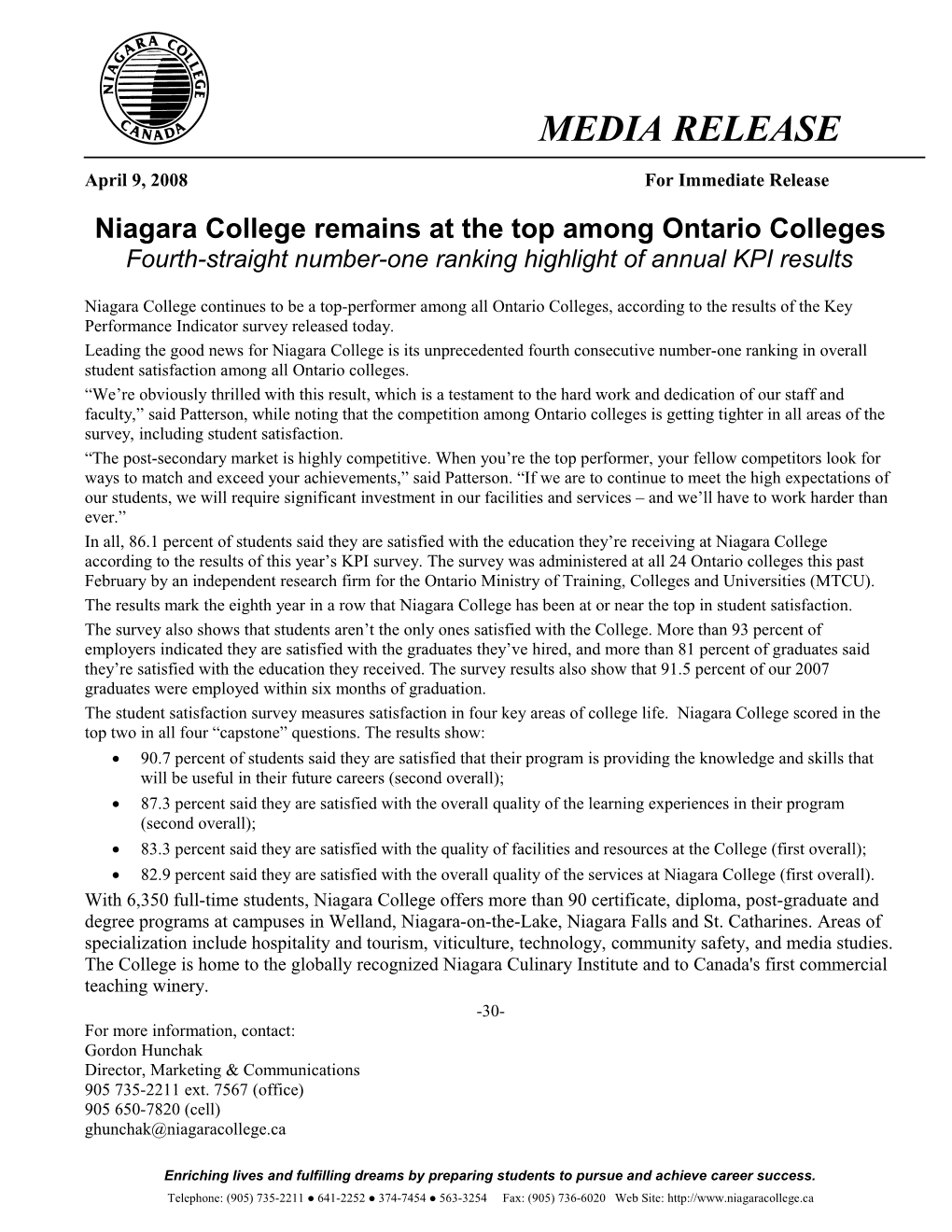 Niagara College Remains at the Top Among Ontario Colleges