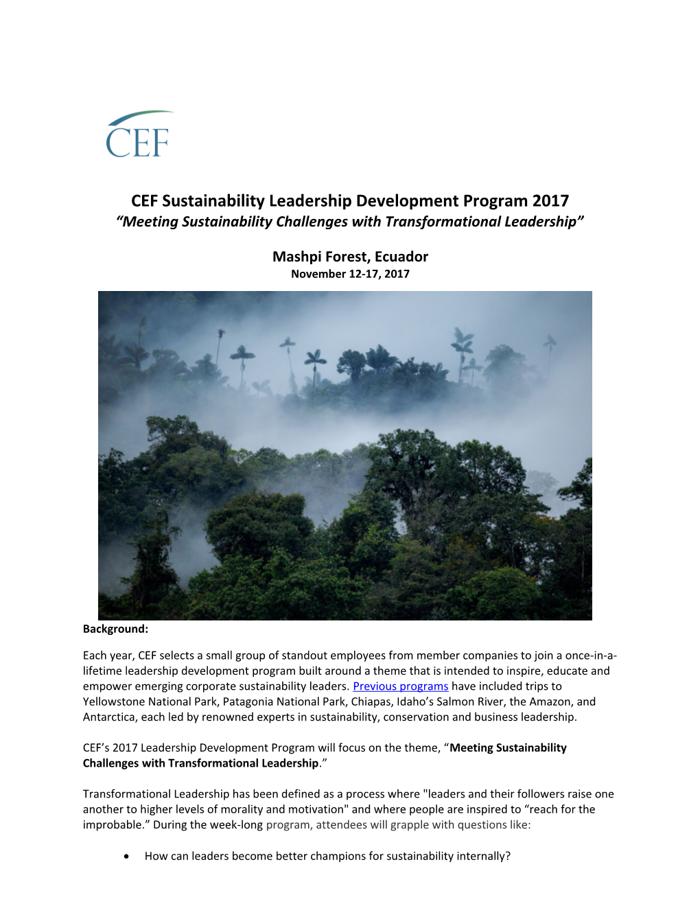 CEF Sustainability Leadership Development Program 2017