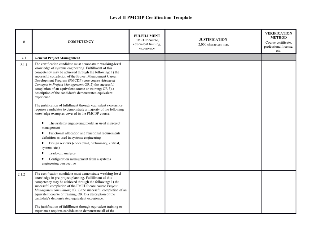Level II PMCDP Certification Template