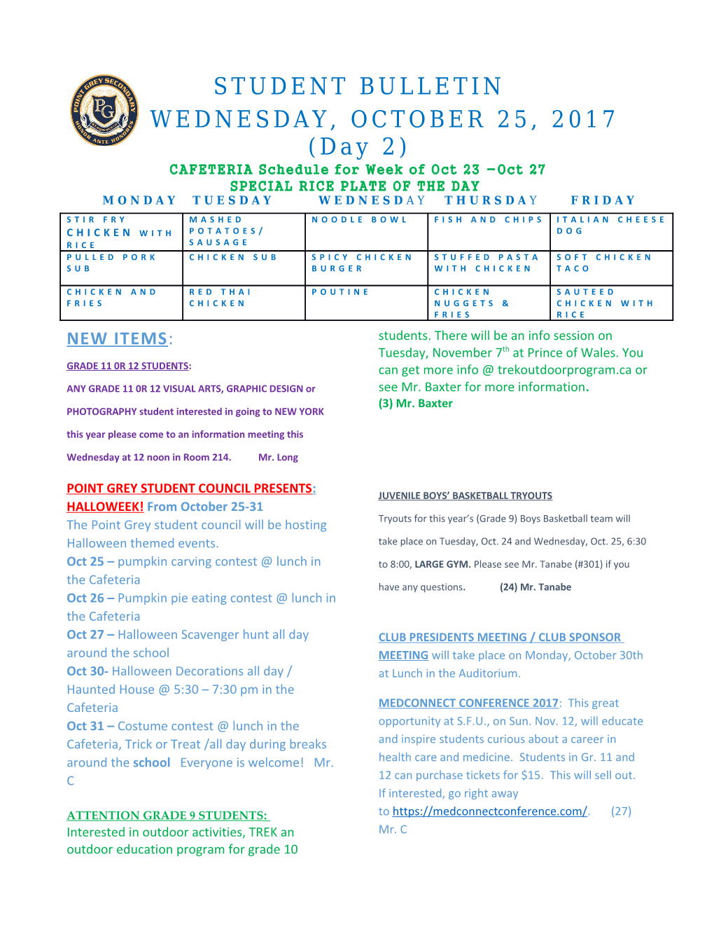CAFETERIA Schedule for Week of Oct 23 -Oct 27