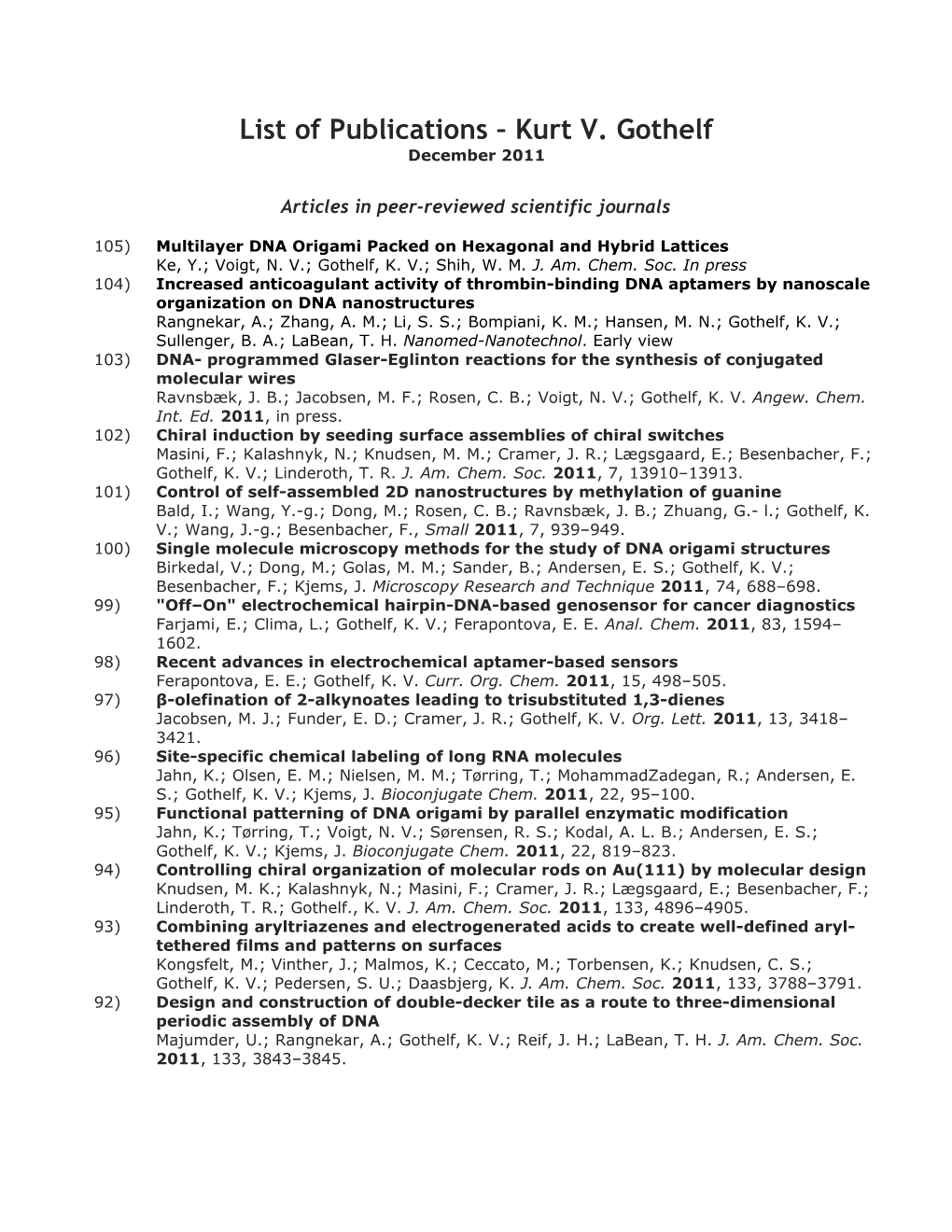List of Publications Kurt V. Gothelf