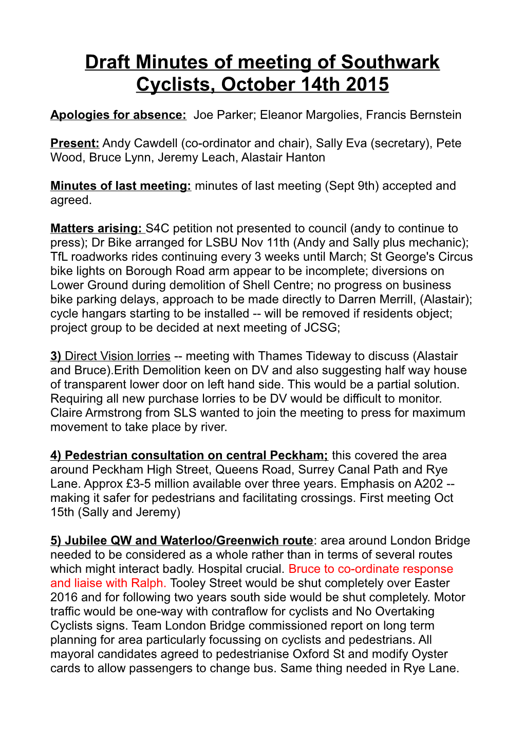 Draft Minutes of Meeting of Southwark Cyclists, October 14Th 2015