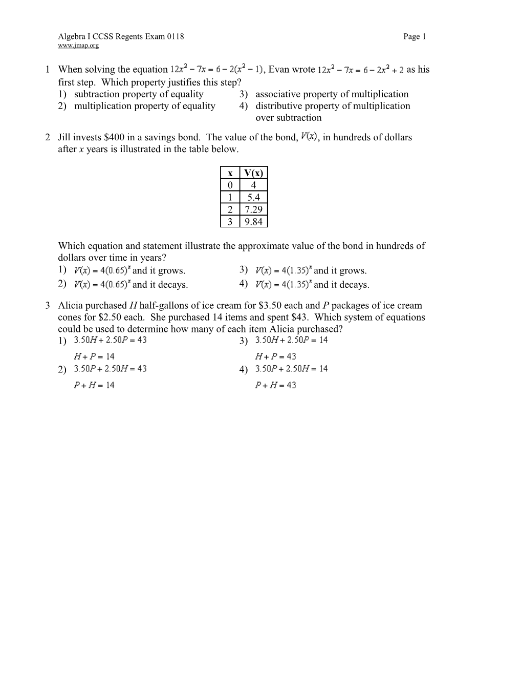 Algebra ICCSS Regents Exam 0118Page 1