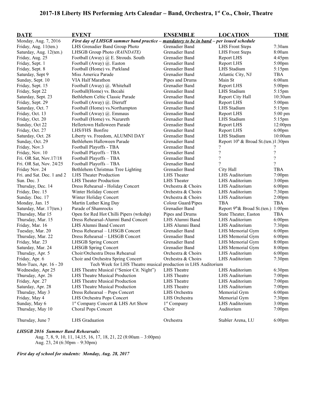 2017-18 Liberty HS Performing Arts Calendar Band, Orchestra, 1St Co., Choir, Theatre