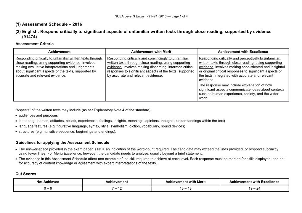 NCEA Level 3 English (91474) 2016 Assessment Schedule