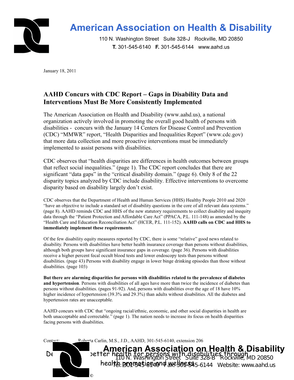 AAHD Concurs with CDC Report Gaps in Disability Data and Interventions Must Be More