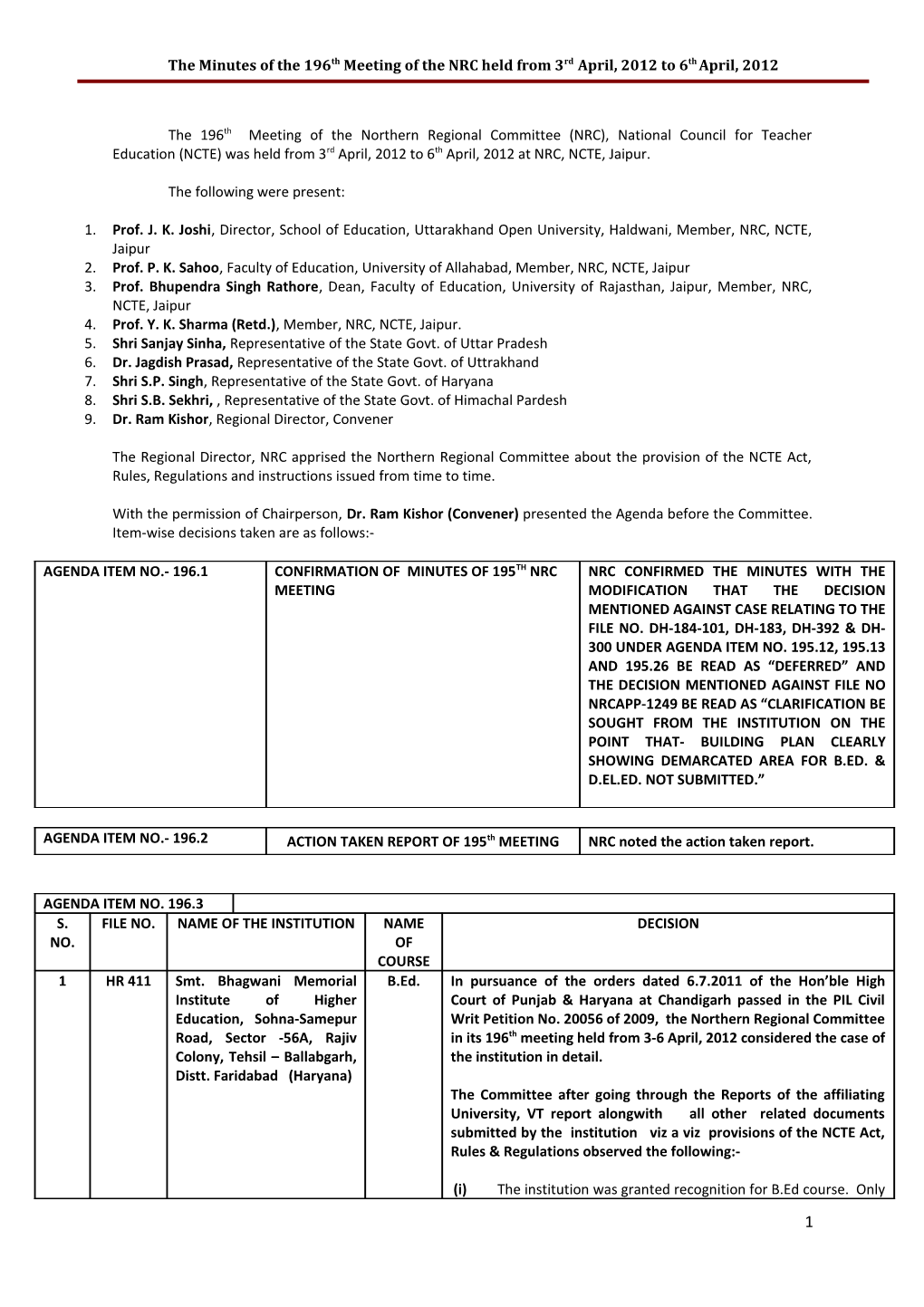 The Minutes of the 196Th Meeting of the NRC Held from 3Rd April, 2012 to 6Th April, 2012