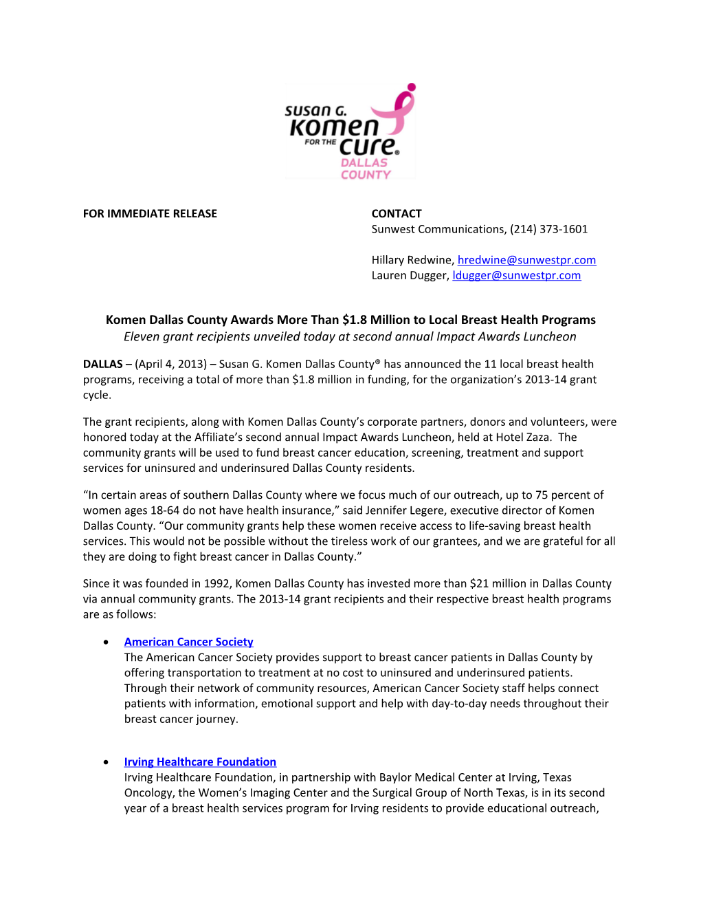 Komen Dallas County Awards More Than $1.8 Million to Local Breast Health Programs