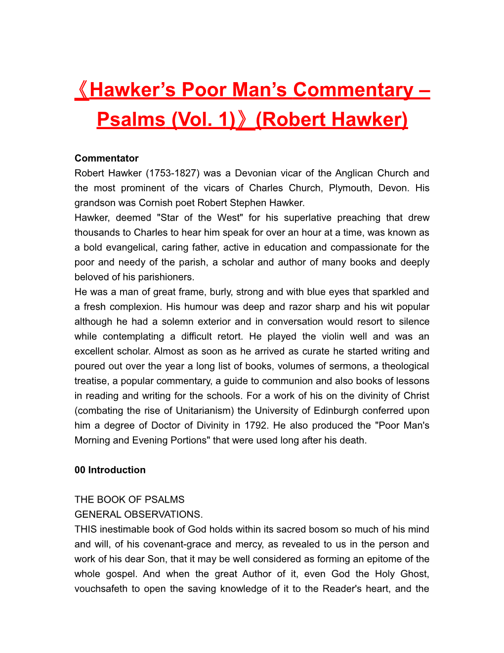 Hawker S Poor Man Scommentary Psalms (Vol. 1) (Robert Hawker)