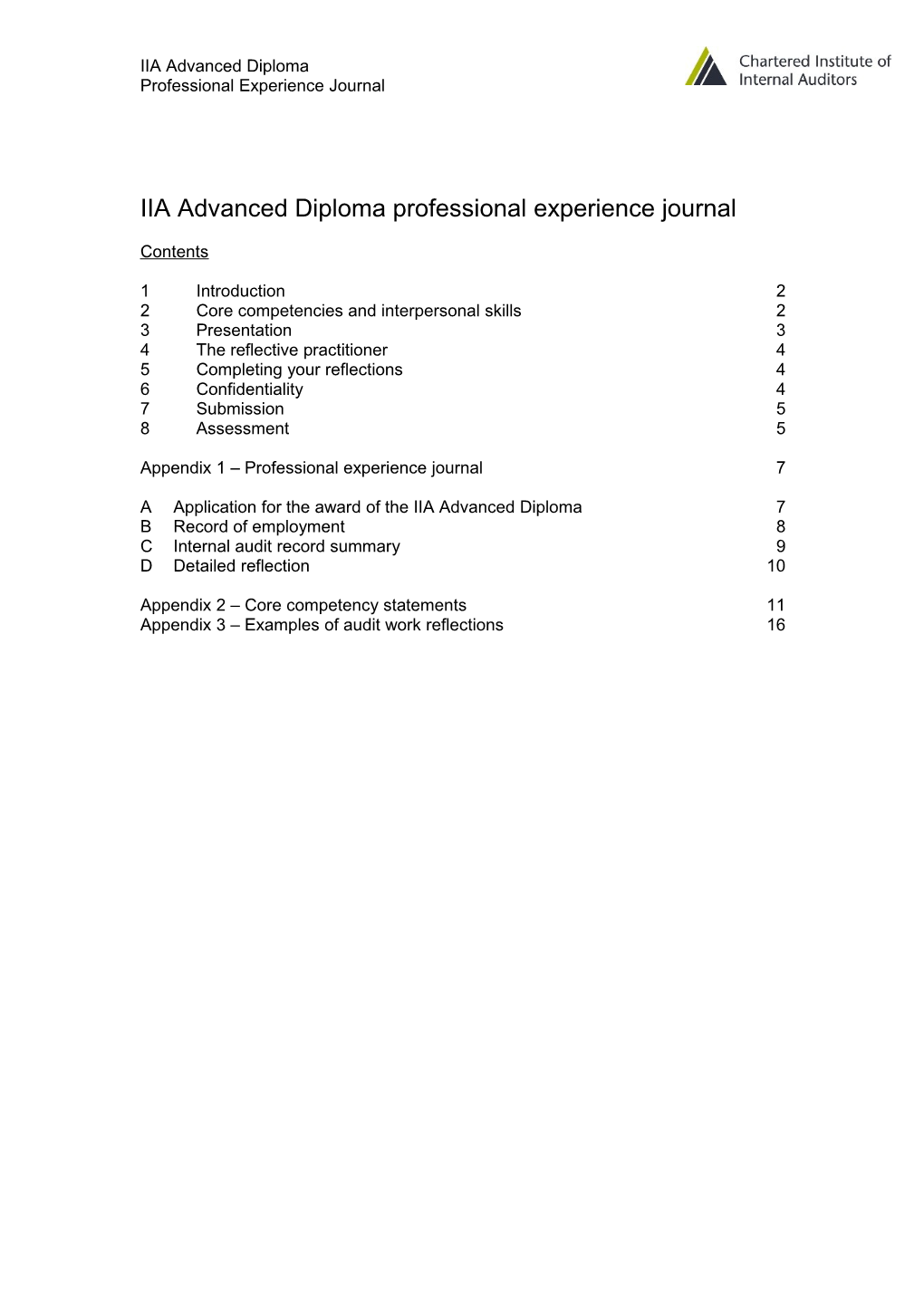 IIA Advanced Diploma - Professional Experience Journal