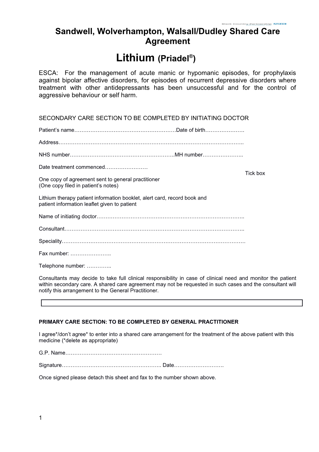 Sandwell, Wolverhampton, Walsall/Dudley Shared Care Agreement