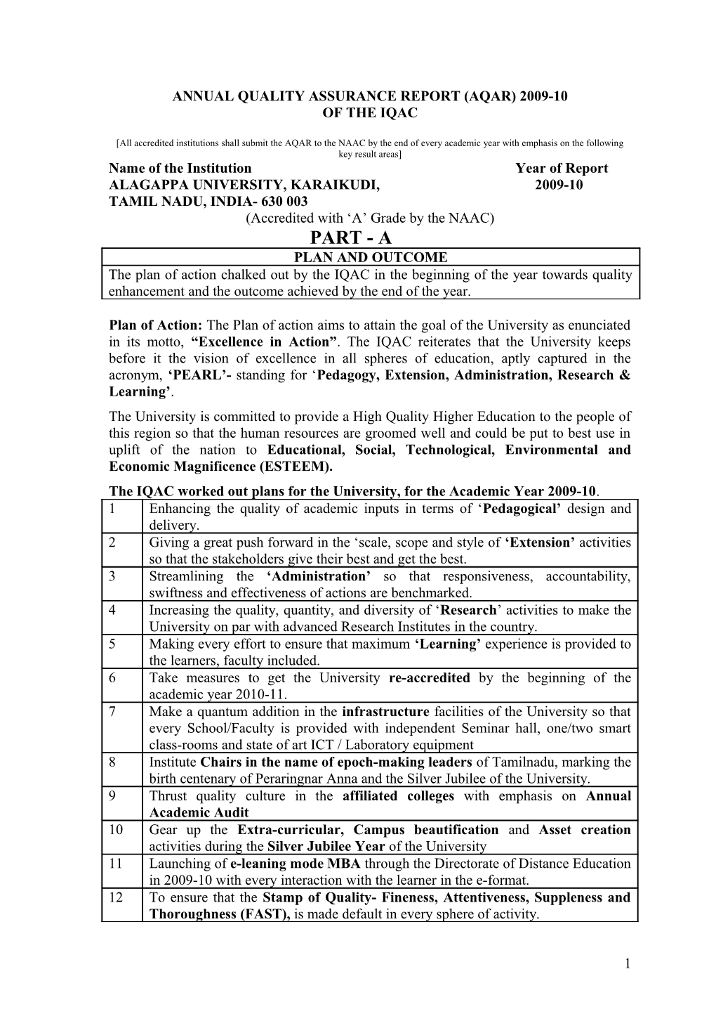 Annual Quality Assurance Report (Aqar) 2009-10