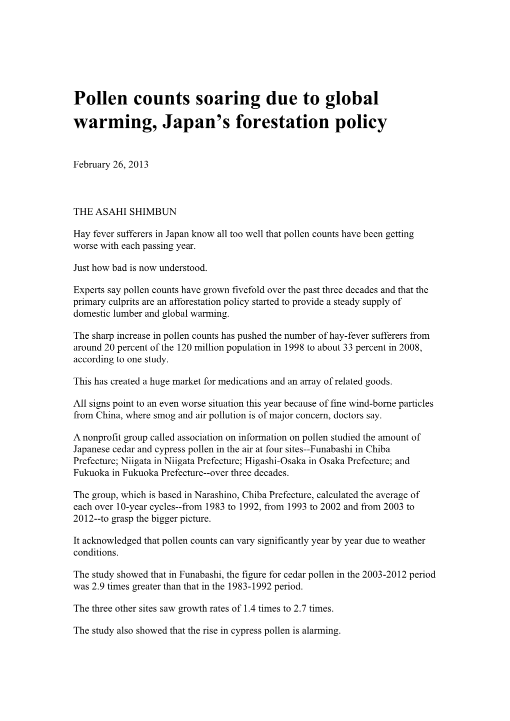 Pollen Counts Soaring Due to Global Warming, Japan S Forestation Policy