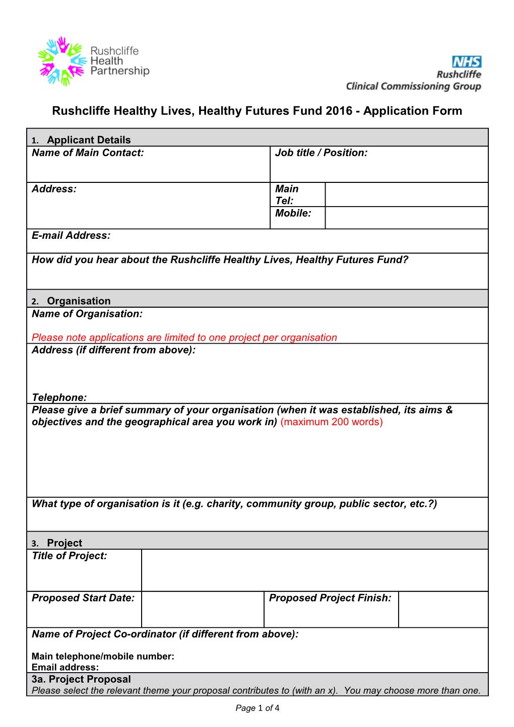 Rushcliffe Healthy Lives, Healthy Futures Fund 2016 - Application Form