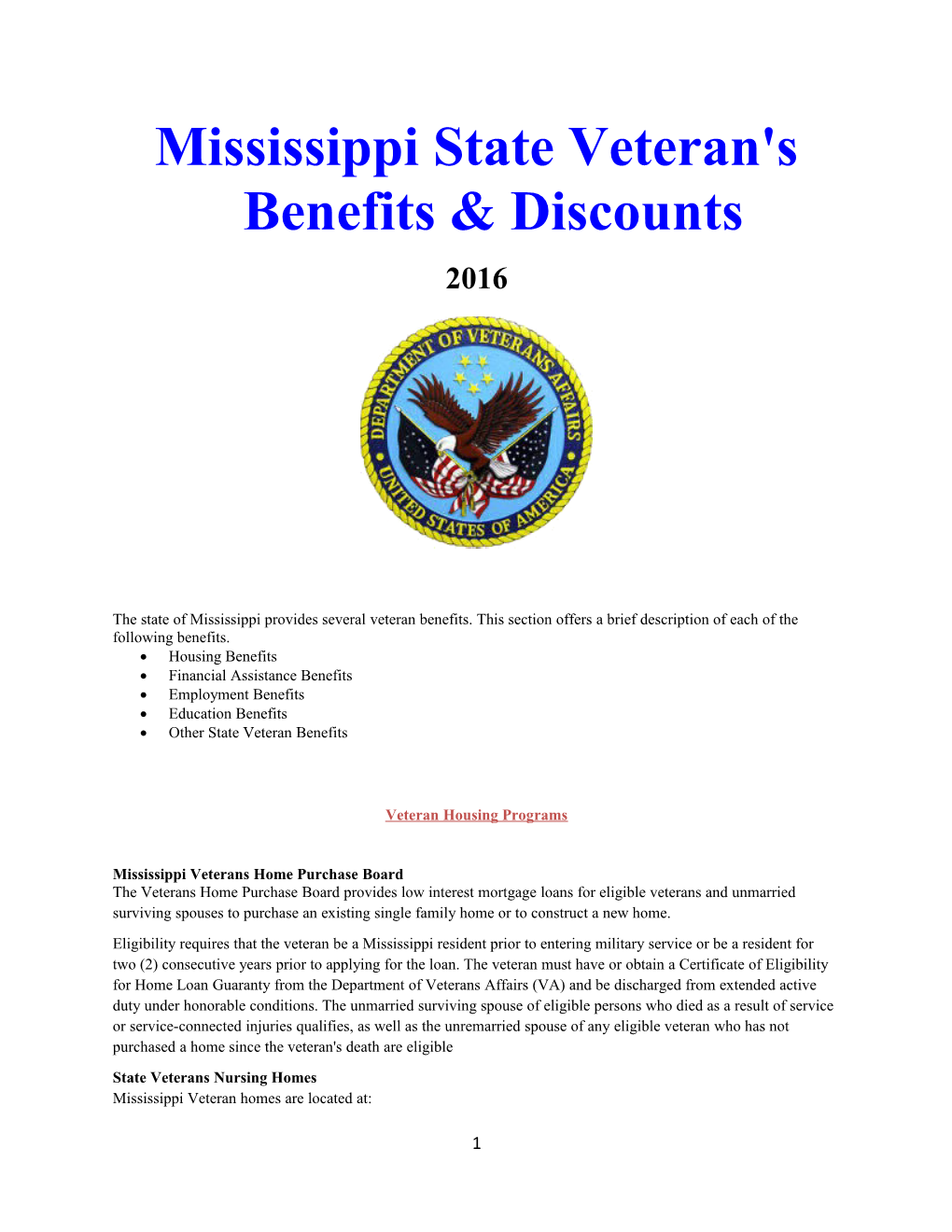 Mississippi State Veteran's Benefits & Discounts