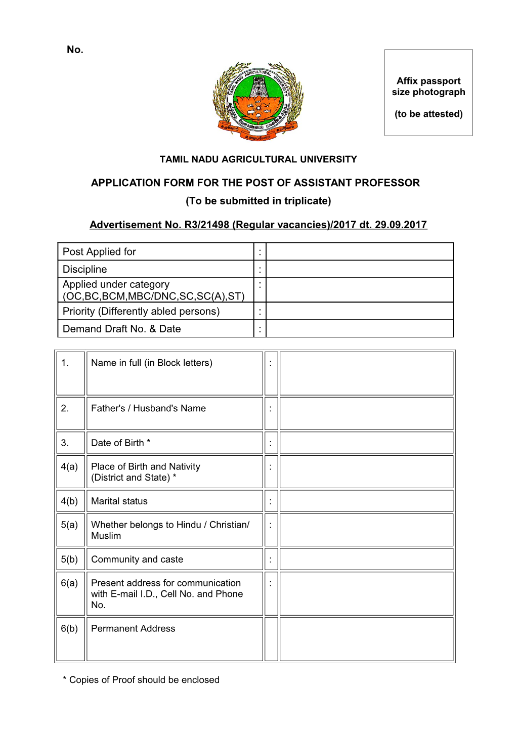 Application Form for the Post Ofassistant Professor