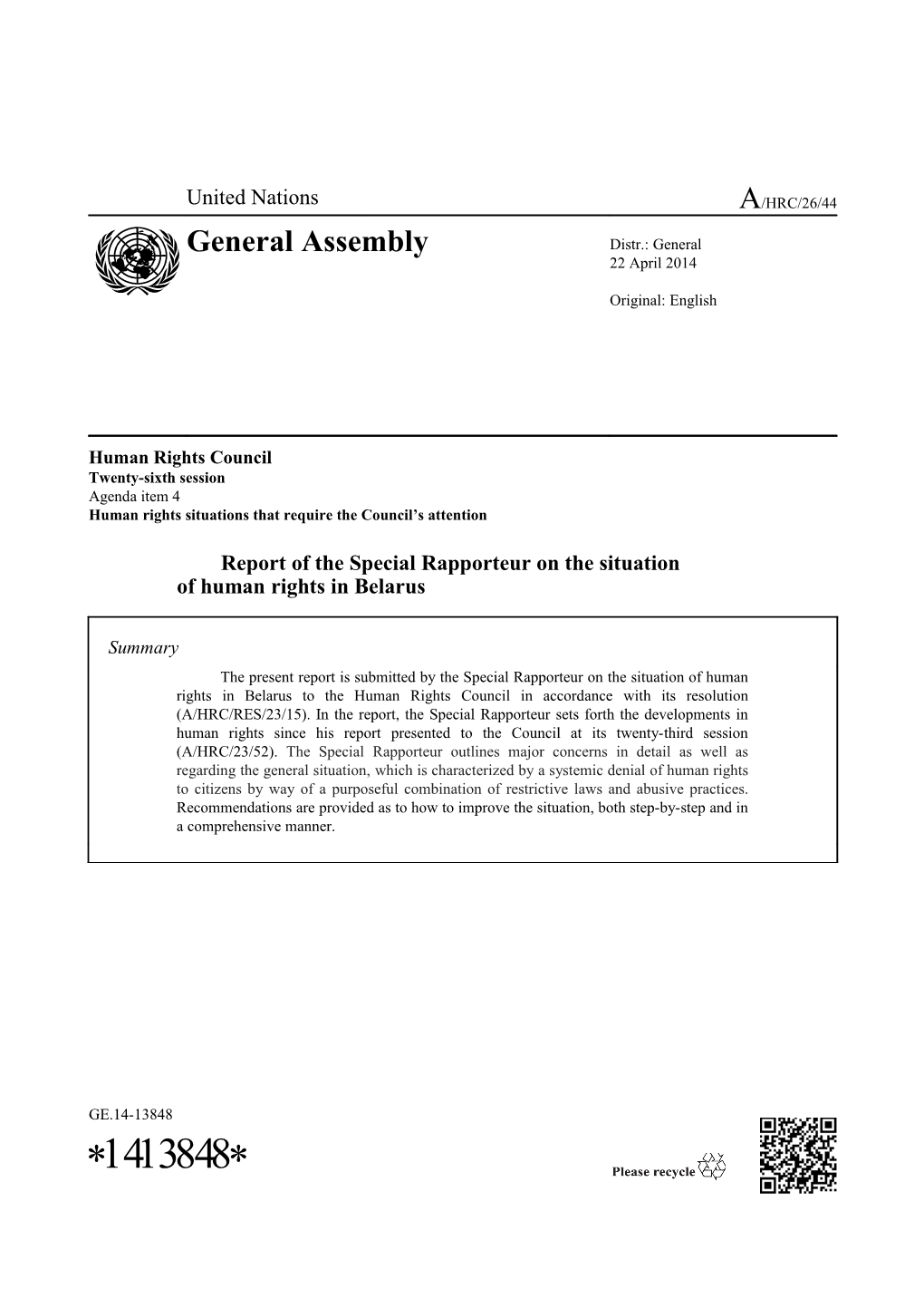 Report of the Special Rapporteur on the Situation of Human Rights in Belarus in English