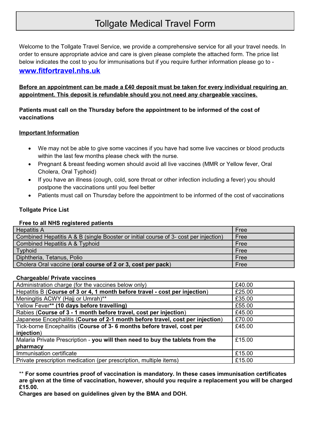 Tollgate Medical Travel Form