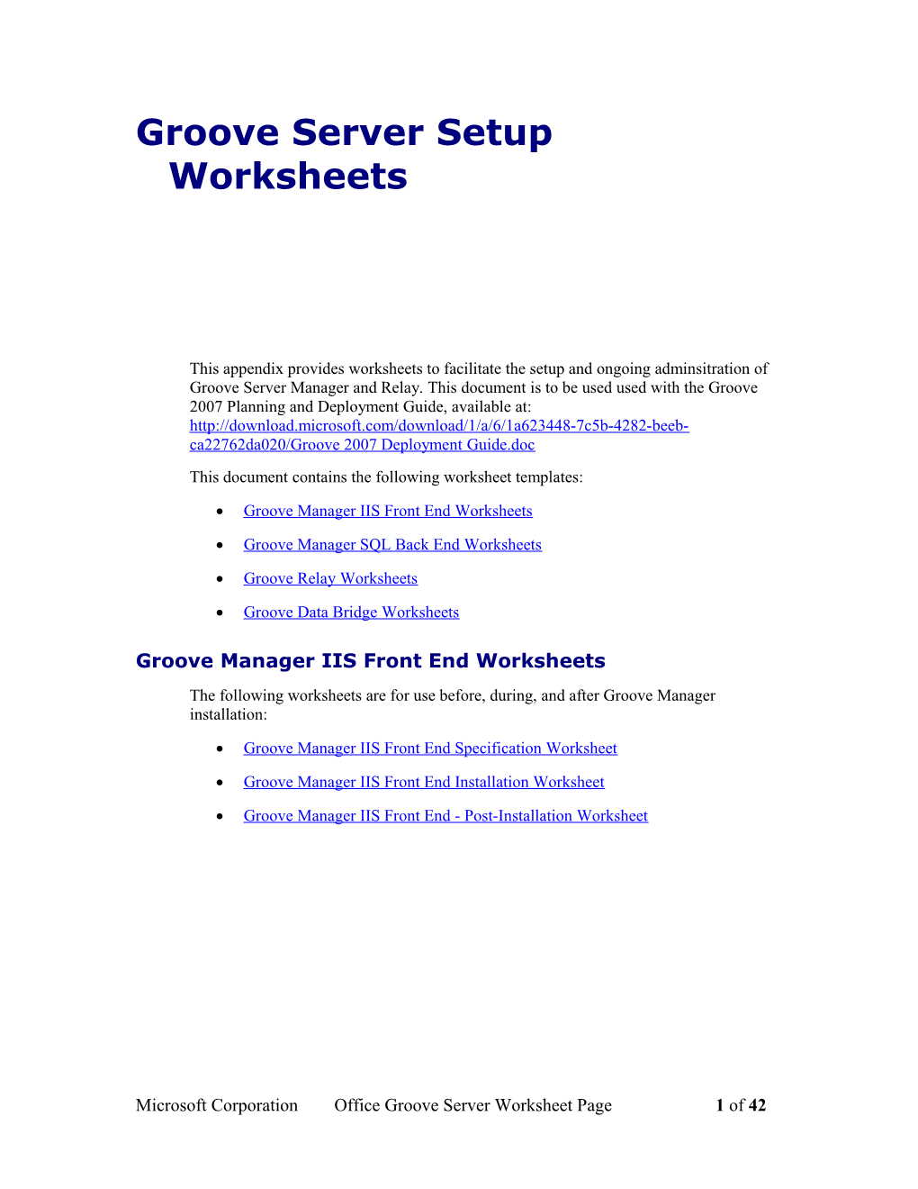 Groove Server Setup Worksheets