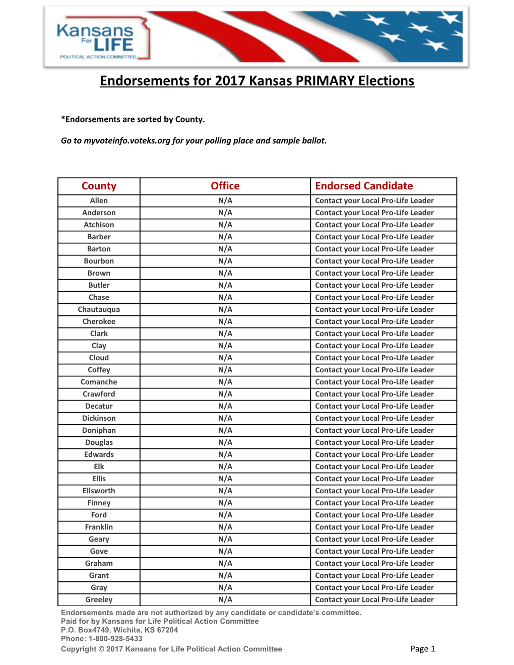 Endorsements for 2017Kansas PRIMARY Elections