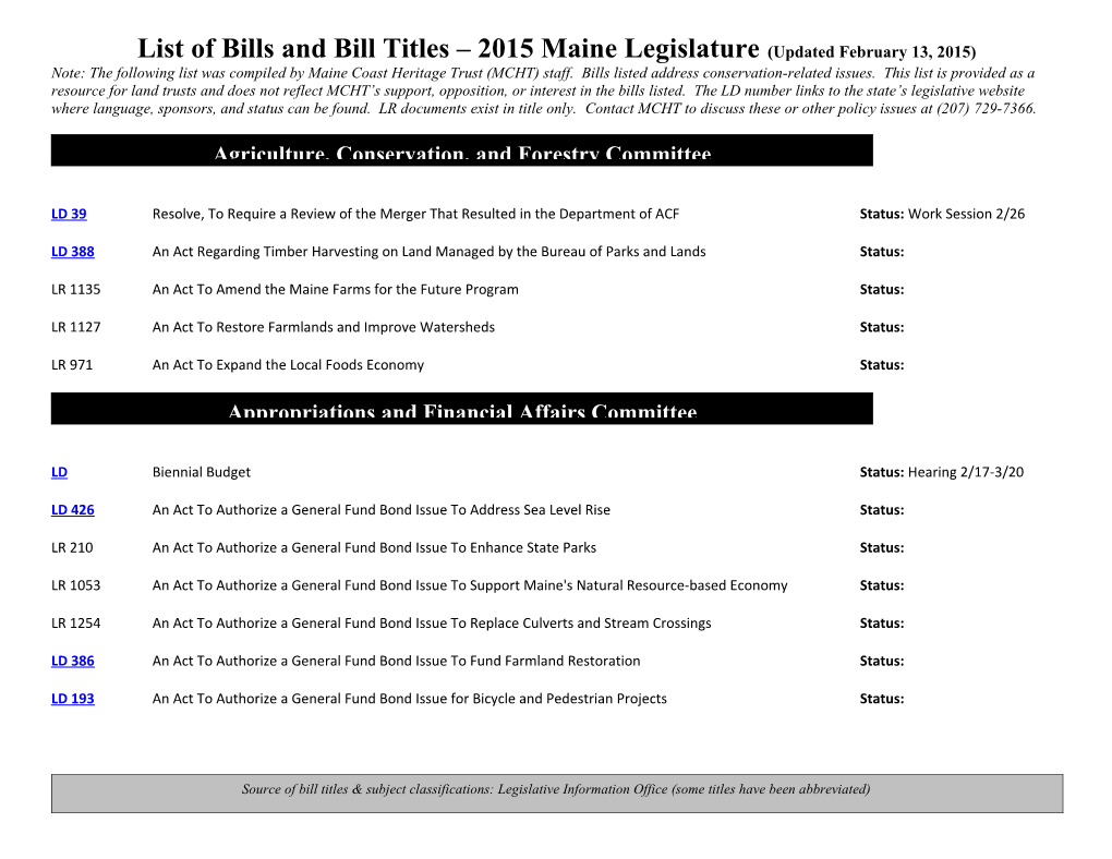 List of Bills and Bill Titles 2015 Maine Legislature(Updated February 13, 2015)