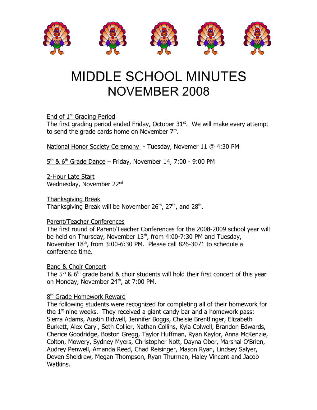 Middle School Minutes