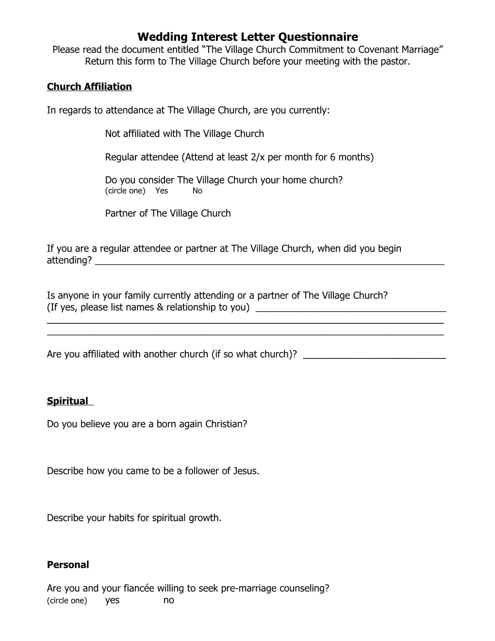 Wedding Interest Letter Questionnaire
